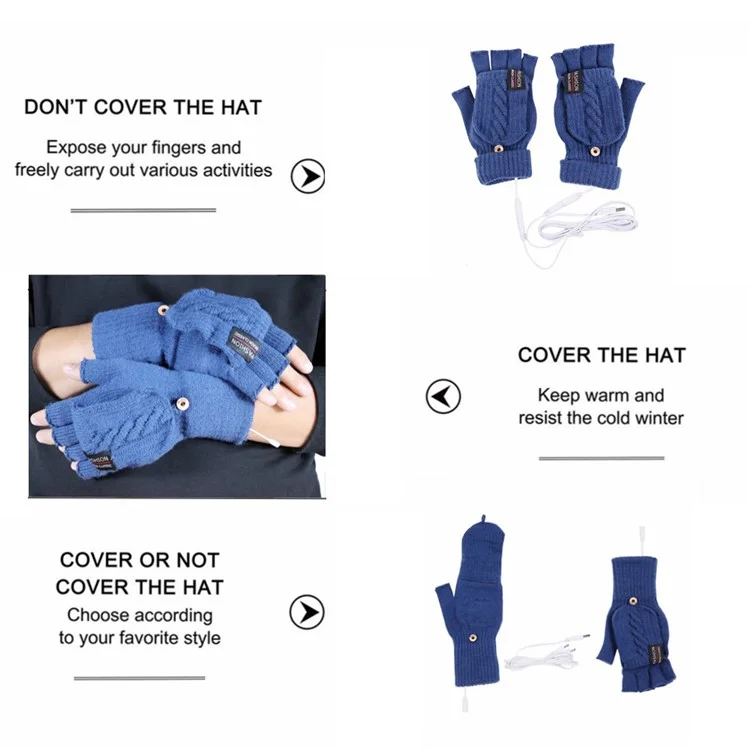 1 Pair USB Electric Heating Winter Gloves Warm Heated Polyester Half Finger Gloves with Flap Cover - Blue