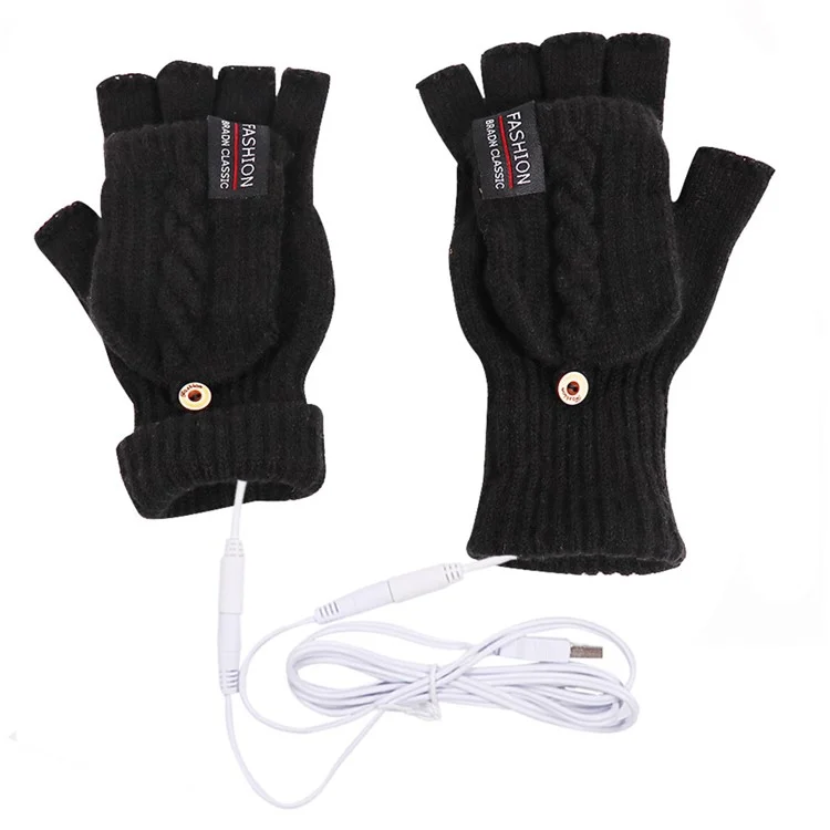 1 Pair USB Electric Heating Winter Gloves Warm Heated Polyester Half Finger Gloves with Flap Cover - Black