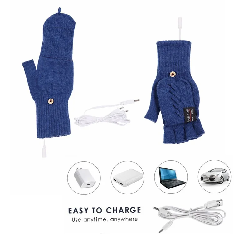 1 Pair USB Electric Heating Winter Gloves Warm Heated Polyester Half Finger Gloves with Flap Cover - Black