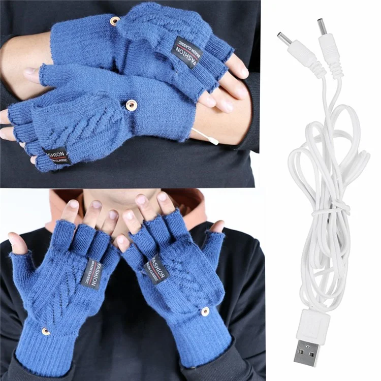 1 Pair USB Electric Heating Winter Gloves Warm Heated Polyester Half Finger Gloves with Flap Cover - Black