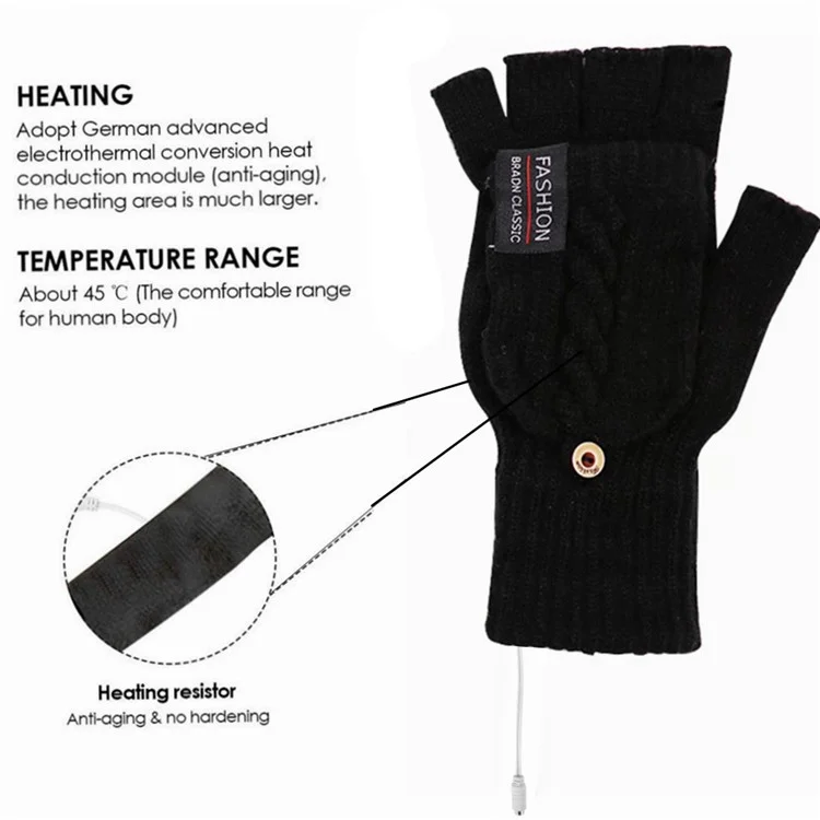 1 Pair USB Electric Heating Winter Gloves Warm Heated Polyester Half Finger Gloves with Flap Cover - Black