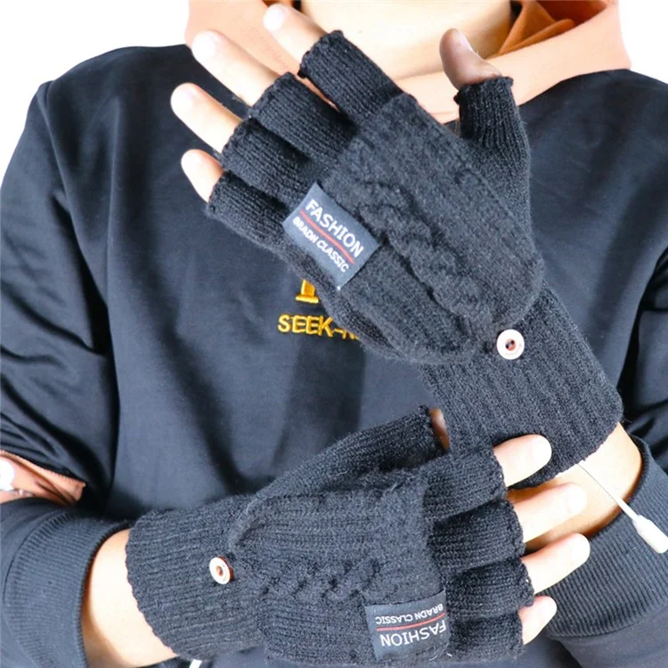 1 Pair USB Electric Heating Winter Gloves Warm Heated Polyester Half Finger Gloves with Flap Cover - Black
