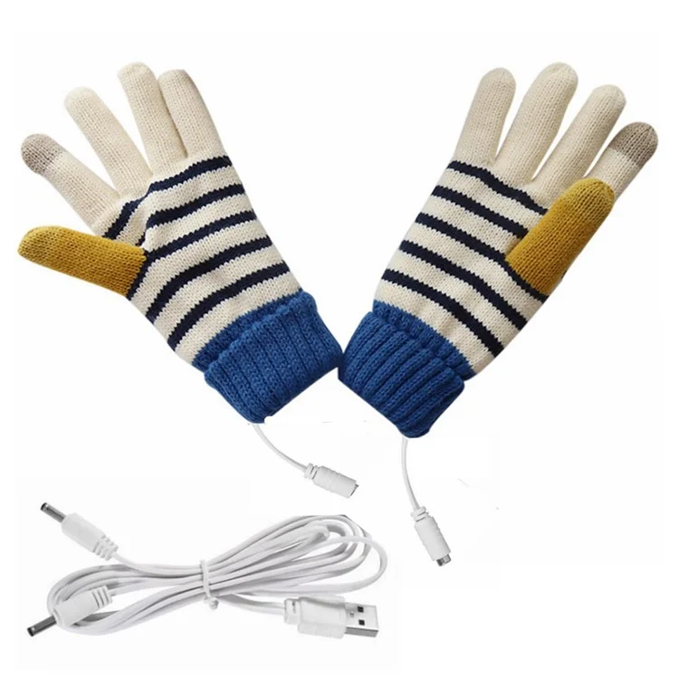 1 Pair Stripe Pattern USB Heated Gloves Heating Fiber Winter Hands Warm Gloves Knitting Full Finger Warmer