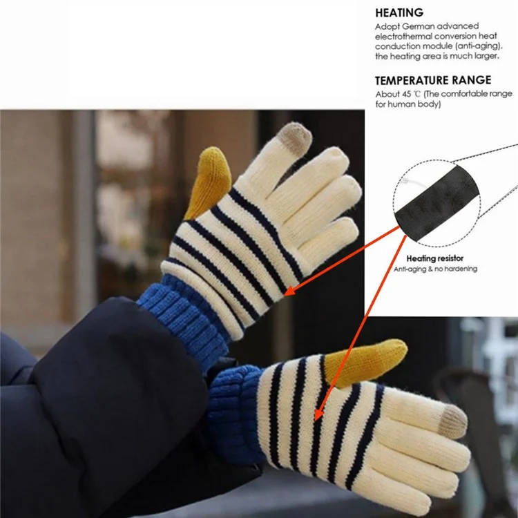 1 Pair Stripe Pattern USB Heated Gloves Heating Fiber Winter Hands Warm Gloves Knitting Full Finger Warmer