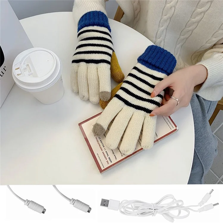 1 Pair Stripe Pattern USB Heated Gloves Heating Fiber Winter Hands Warm Gloves Knitting Full Finger Warmer