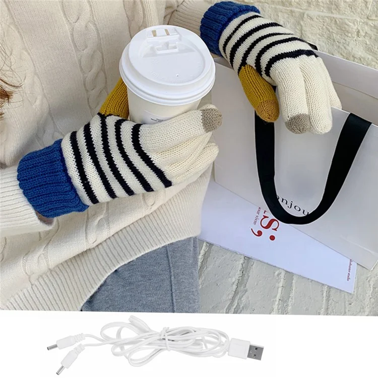 1 Pair Stripe Pattern USB Heated Gloves Heating Fiber Winter Hands Warm Gloves Knitting Full Finger Warmer
