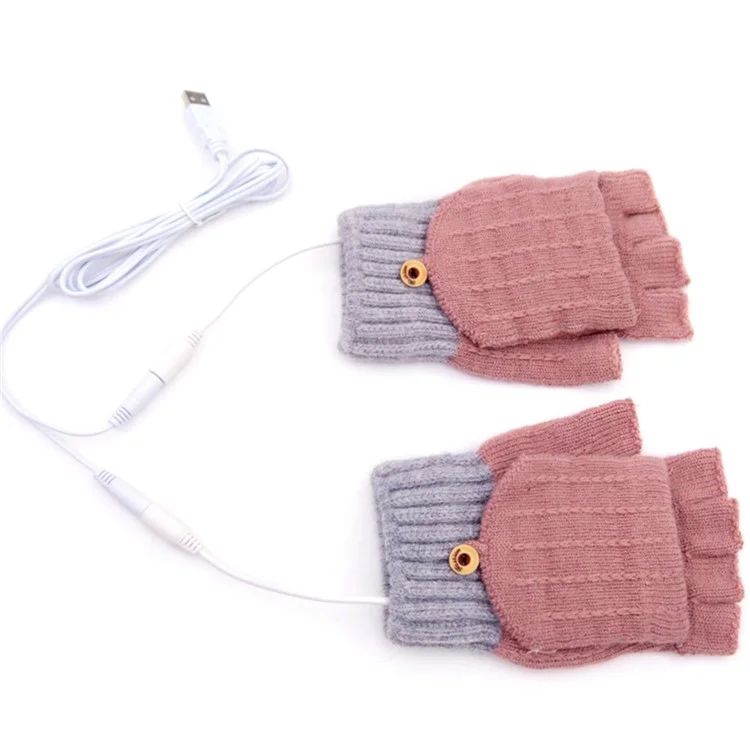 1 paire de gants chauffants en fibre d'hiver pour les mains Gants tricotés USB chauffants à demi-doigts - Rose