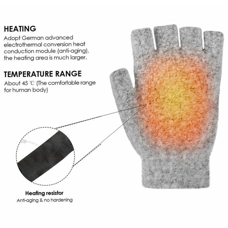 1 paire de gants chauffants en fibre d'hiver pour les mains Gants tricotés USB chauffants à demi-doigts - Rose