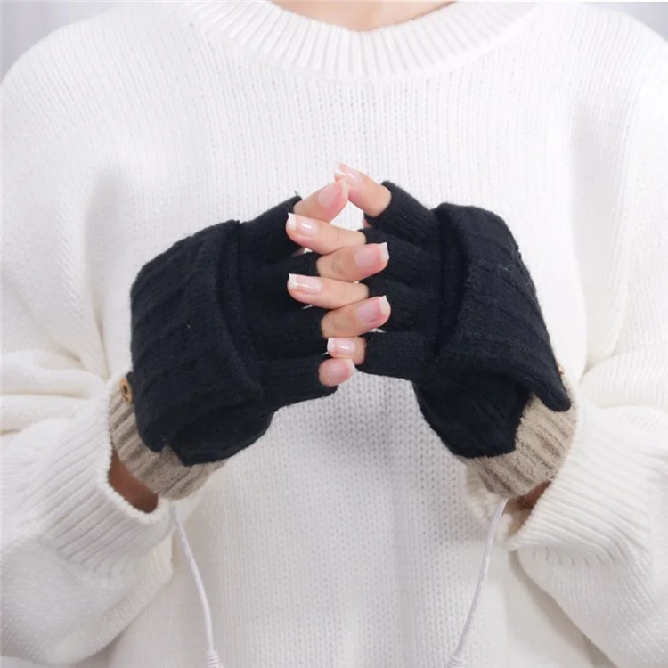 1 paire de gants chauffants en fibre d'hiver pour les mains Gants tricotés USB chauffants à demi-doigts - Rose