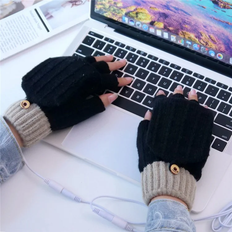 1 paire de gants chauffants en fibre d'hiver pour les mains Gants tricotés USB chauffants à demi-doigts - Rose