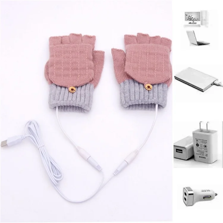 1 paire de gants chauffants en fibre d'hiver pour les mains Gants tricotés USB chauffants à demi-doigts - Rose