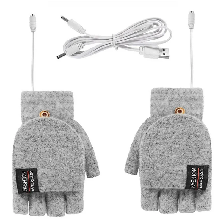 1 Pair USB Electric Heating Winter Gloves Warm Heated Polyester Half Finger Gloves with Flap Lid - Light Grey