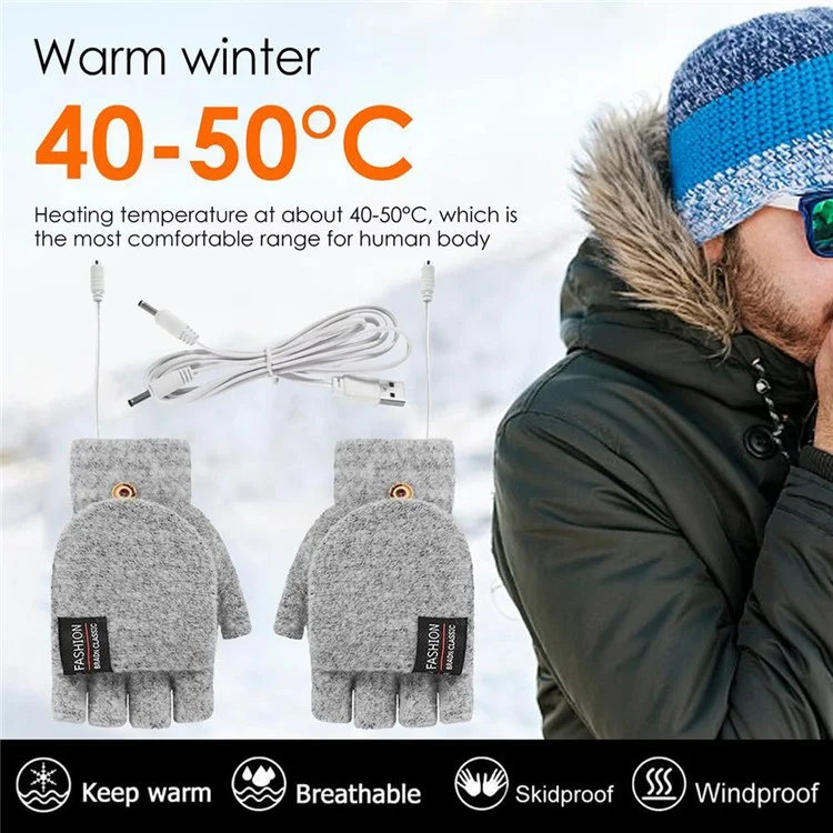 1 Pair USB Electric Heating Winter Gloves Warm Heated Polyester Half Finger Gloves with Flap Lid - Light Grey