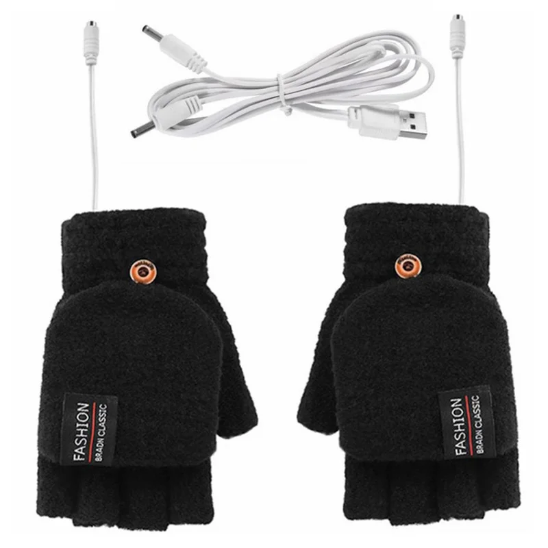 1 Pair USB Electric Heating Winter Gloves Warm Heated Polyester Half Finger Gloves with Flap Lid - Black