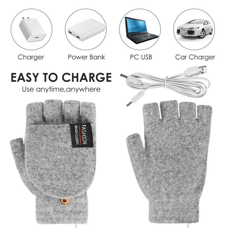 1 Pair USB Electric Heating Winter Gloves Warm Heated Polyester Half Finger Gloves with Flap Lid - Black
