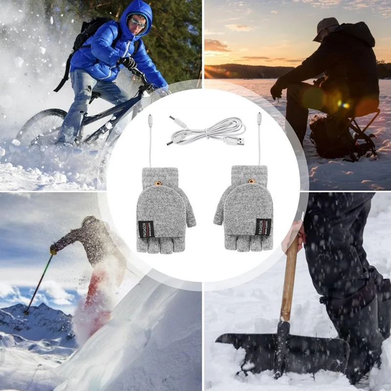 1 Pair USB Electric Heating Winter Gloves Warm Heated Polyester Half Finger Gloves with Flap Lid - Black