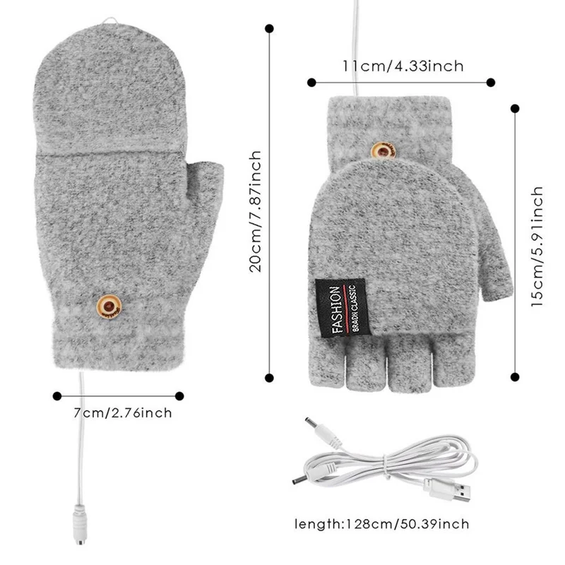1 Pair USB Electric Heating Winter Gloves Warm Heated Polyester Half Finger Gloves with Flap Lid - Black