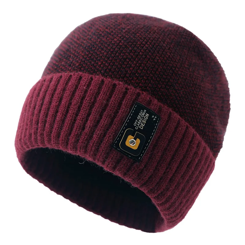Chapeaux d'hiver chauds pour hommes et femmes, chapeau tricoté chaud avec étiquette, unisexe, doux - Rouge vin