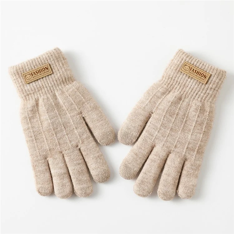 1 Paar Damen-Winter-Radfahren Doppelschicht gestrickte warme Handschuhe Touch Screen Vollfingerhandschuhe mit Bär Abzeichen Dekor - Khaki