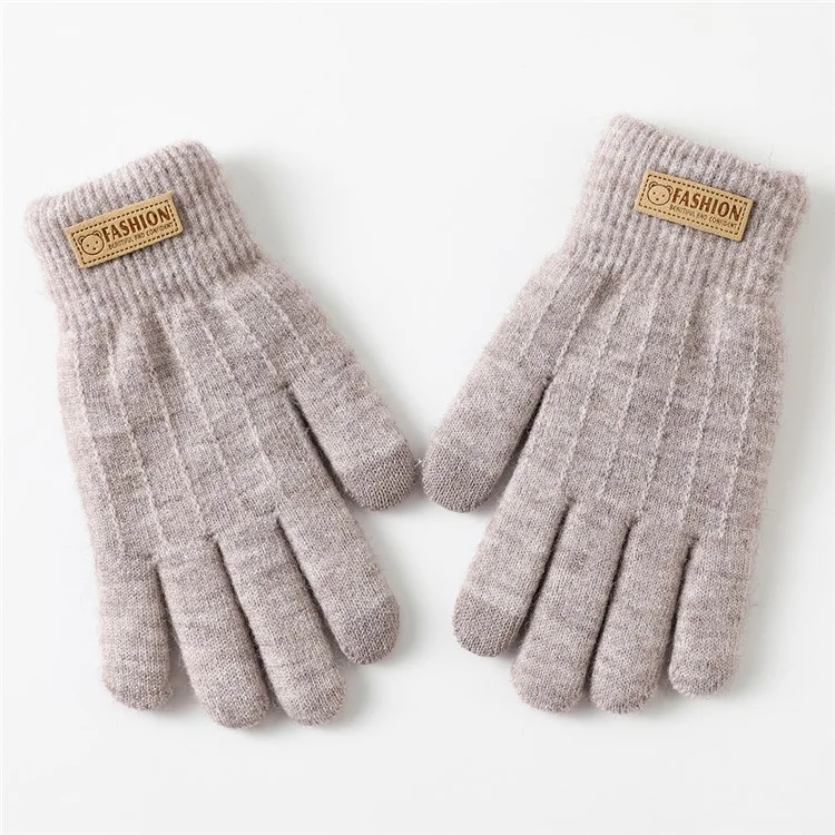1 Pair Women Winter Cycling Dual Layer Knitted Warm Gloves Touch Screen Full Finger Gloves with Bear Badge Decor - Light Purple