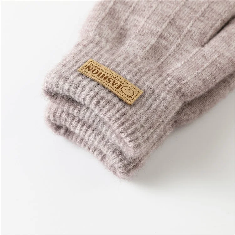 1 Pair Women Winter Cycling Dual Layer Knitted Warm Gloves Touch Screen Full Finger Gloves with Bear Badge Decor - Light Purple