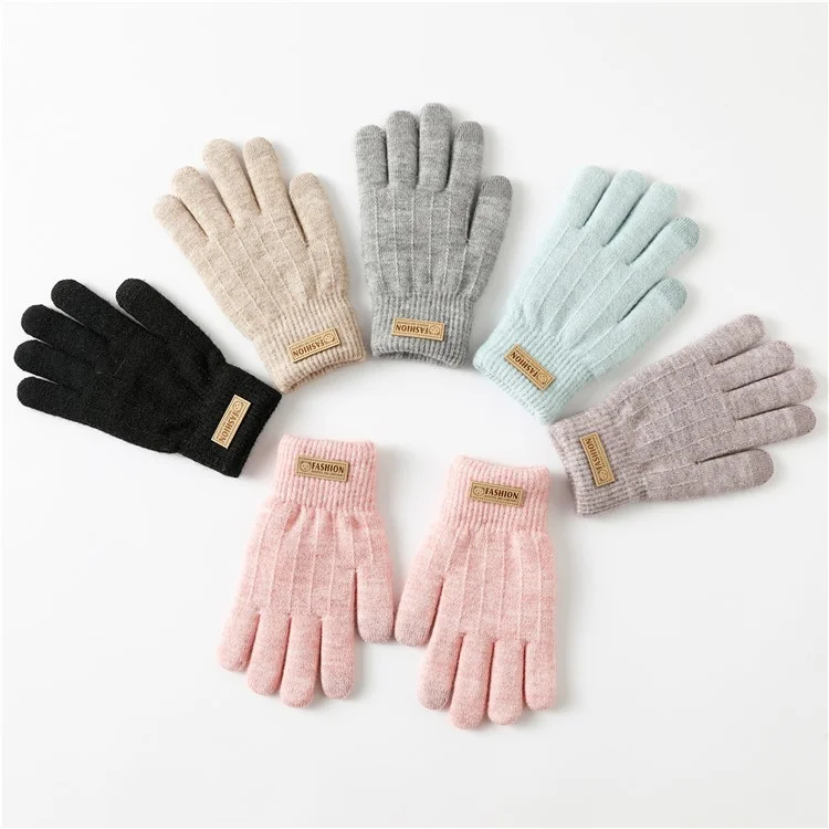 1 Pair Women Winter Cycling Dual Layer Knitted Warm Gloves Touch Screen Full Finger Gloves with Bear Badge Decor - Light Purple