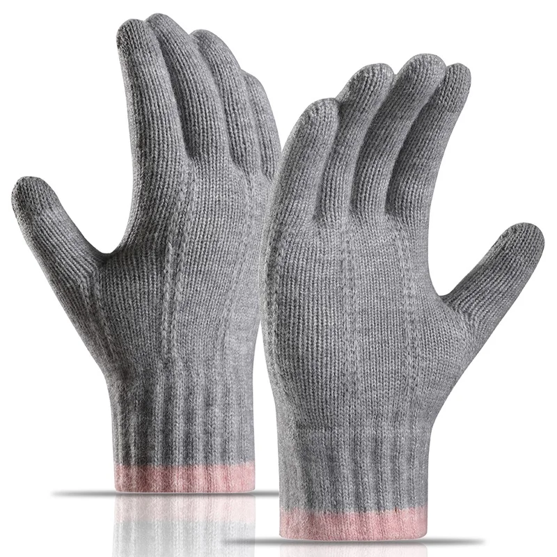 1 Pair Women Winter Cycling Knitted Thicken Warm Gloves Touch Screen Full Finger Gloves with Tree Decor - Grey