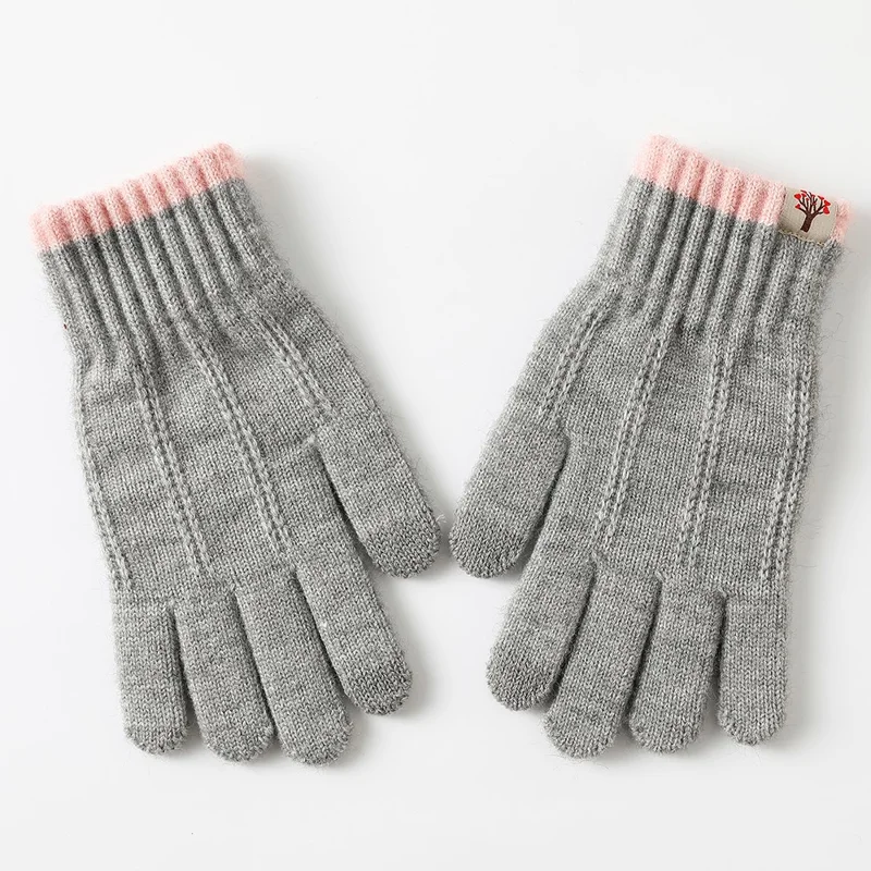 1 Pair Women Winter Cycling Knitted Thicken Warm Gloves Touch Screen Full Finger Gloves with Tree Decor - Grey