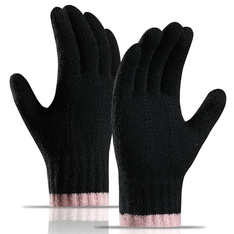 1 Pair Women Winter Cycling Knitted Thicken Warm Gloves Touch Screen Full Finger Gloves with Tree Decor - Black