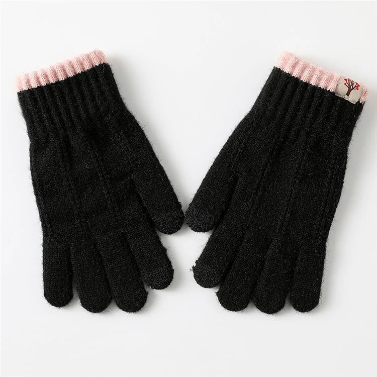 1 Pair Women Winter Cycling Knitted Thicken Warm Gloves Touch Screen Full Finger Gloves with Tree Decor - Black