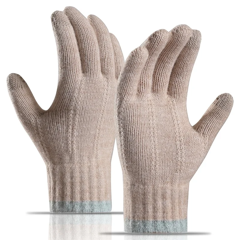 1 Pair Women Winter Cycling Knitted Thicken Warm Gloves Touch Screen Full Finger Gloves with Tree Decor - Khaki