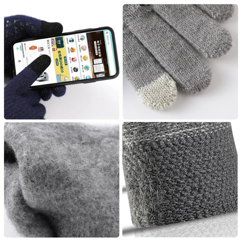 WM 1 Pair Unisex Knitted Warm Gloves Touch Screen Stretchy Mittens Knit Lining Gloves - Wine Red
