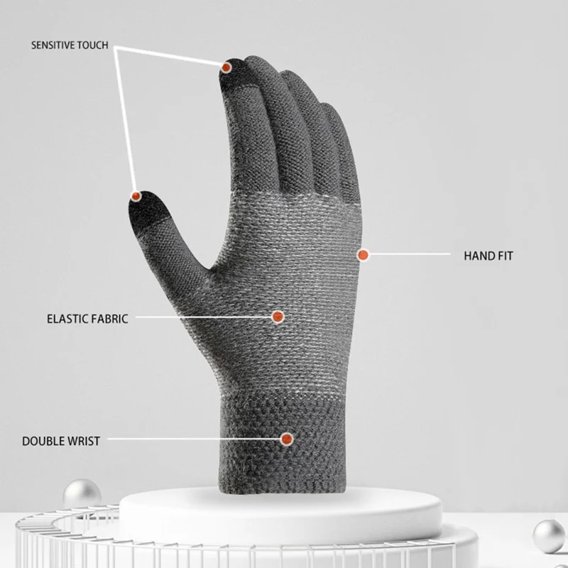 WM 1 Pair Unisex Knitted Warm Gloves Touch Screen Stretchy Mittens Knit Lining Gloves - Wine Red