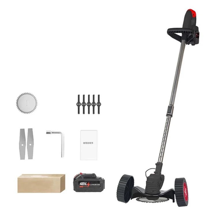 Weed Wacker Cordless Electric Weed Trimmer Portable Wheel Design Lawn Mower with 48VH 12000mAh Battery - Black+Red / US Plug