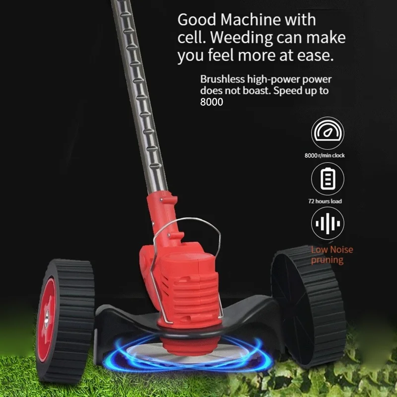 Weed Wacker Cordless Electric Weed Trimmer Portable Wheel Design Lawn Mower with 48VH 12000mAh Battery - Black+Red / UK Plug