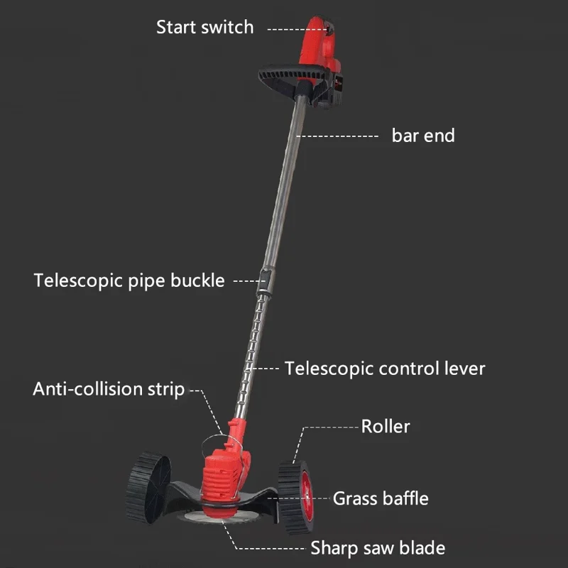 Weed Wacker Cordless Electric Weed Trimmer Portable Wheel Design Lawn Mower with 48VH 12000mAh Battery - Black+Red / UK Plug