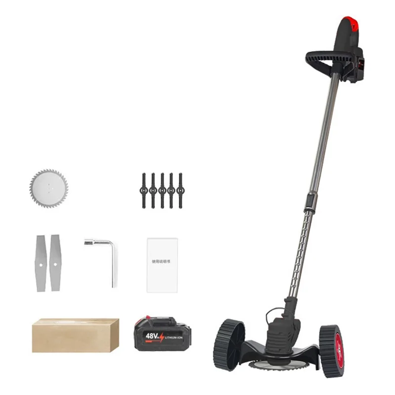 Weed Wacker Cordless Electric Weed Trimmer Portable Wheel Design Lawn Mower with 48VH 12000mAh Battery - Black+Red / UK Plug