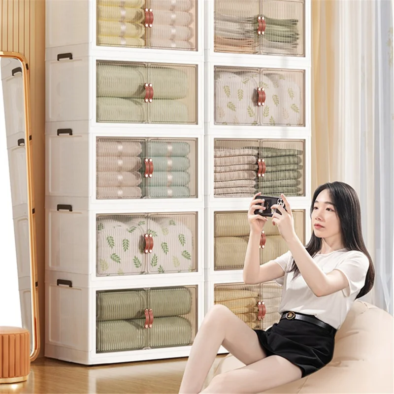 56*34*152.5cm 5 Layers Clear Door Storage Box PP+HIPS+TPR Home Clothes Snack Toy Storage Cabinet
