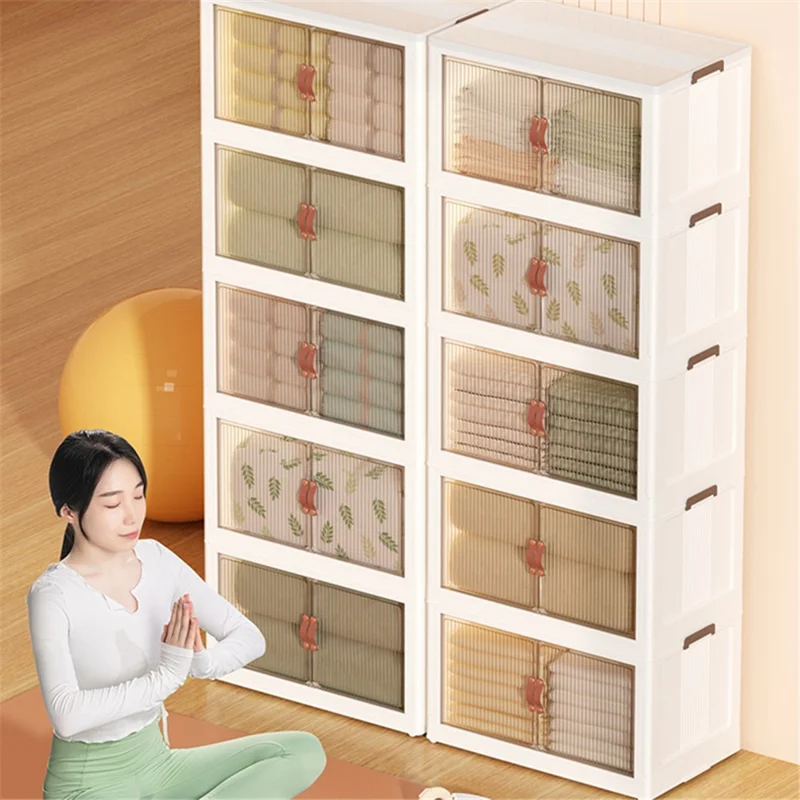 56*34*152.5cm 5 Layers Clear Door Storage Box PP+HIPS+TPR Home Clothes Snack Toy Storage Cabinet