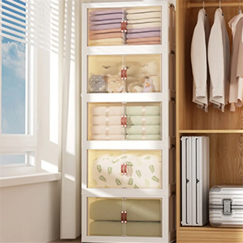 56*34*152.5cm 5 Layers Clear Door Storage Box PP+HIPS+TPR Home Clothes Snack Toy Storage Cabinet