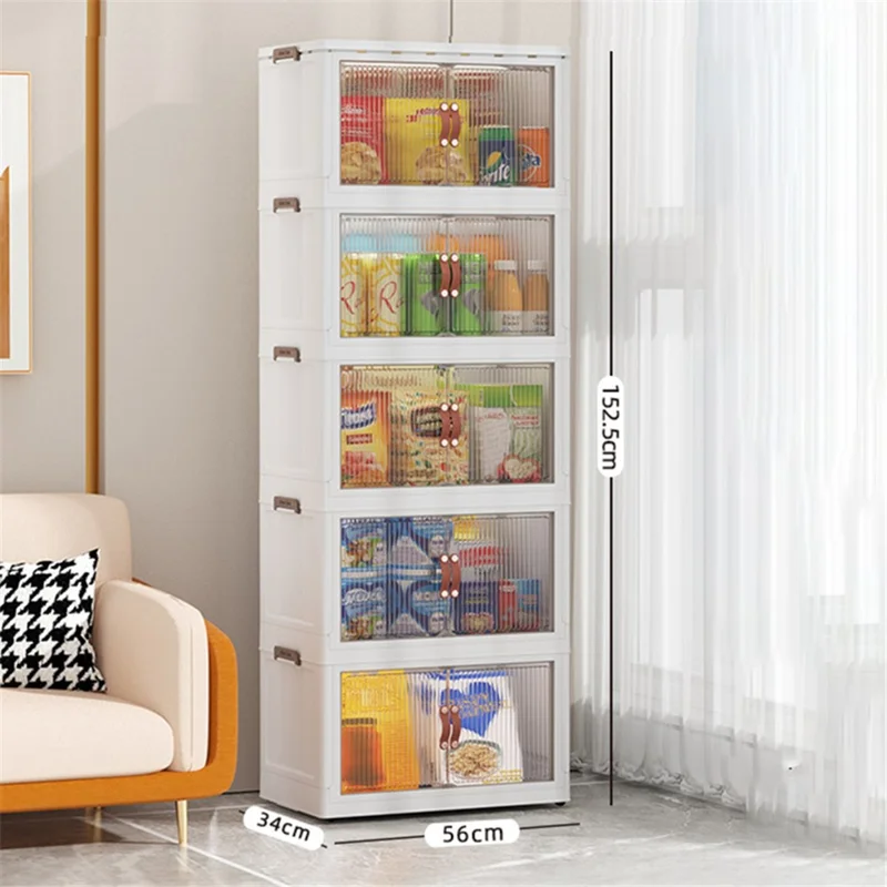 56*34*152.5cm 5 Layers Clear Door Storage Box PP+HIPS+TPR Home Clothes Snack Toy Storage Cabinet