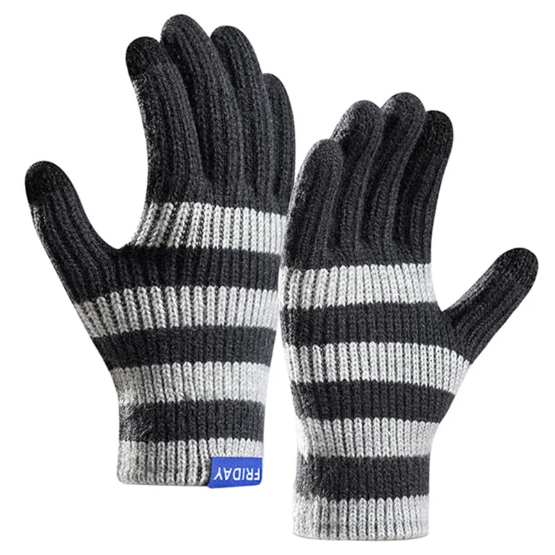 A9905 Men Striped Winter Outdoor Warm Gloves Touch Screen Full Finger Knitted Mittens - Dark Grey