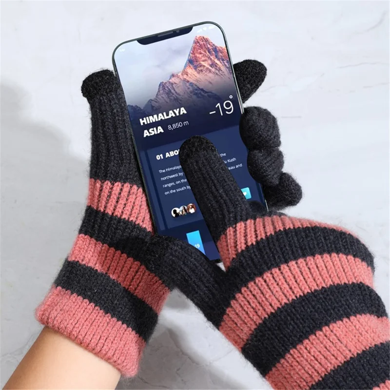 A9905 Men Striped Winter Outdoor Warm Gloves Touch Screen Full Finger Knitted Mittens - Dark Grey