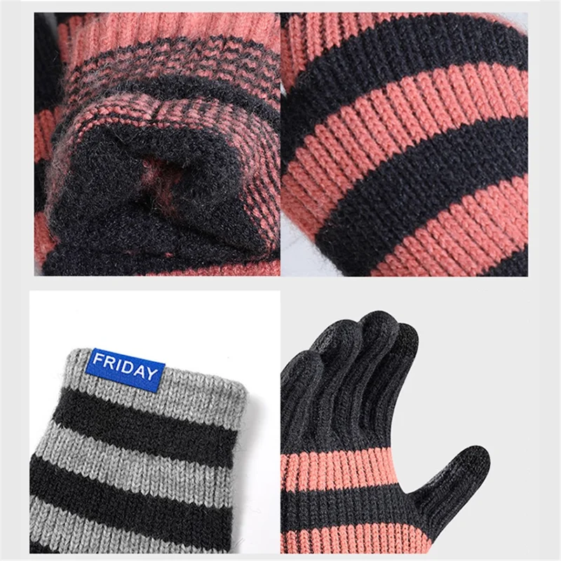 A9905 Men Striped Winter Outdoor Warm Gloves Touch Screen Full Finger Knitted Mittens - Dark Grey