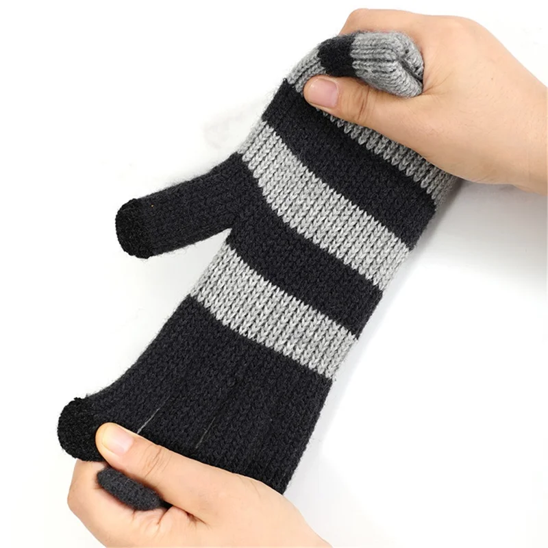 A9905 Men Striped Winter Outdoor Warm Gloves Touch Screen Full Finger Knitted Mittens - Dark Grey