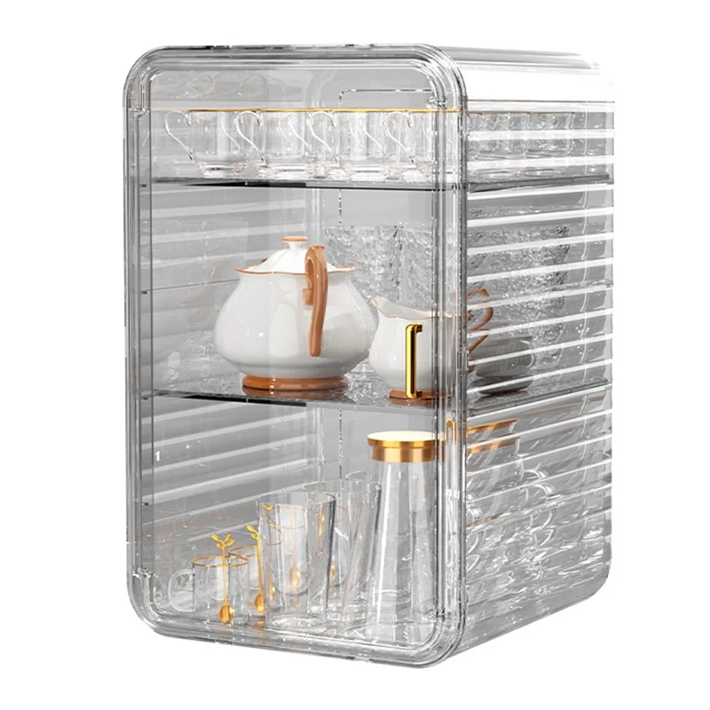 Coffee Mug Cup Table Organizer Three Layer Dustproof Storage Box, Size L - Transparent