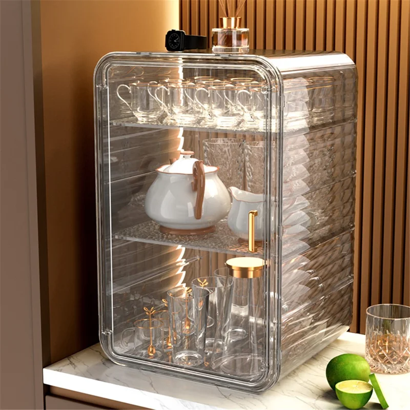 Coffee Mug Cup Table Organizer Three Layer Dustproof Storage Box, Size L - Transparent