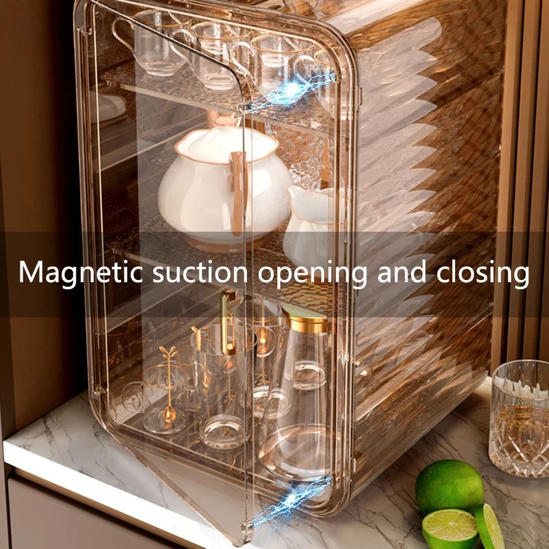 Coffee Mug Cup Table Organizer Three Layer Dustproof Storage Box, Size L - Transparent