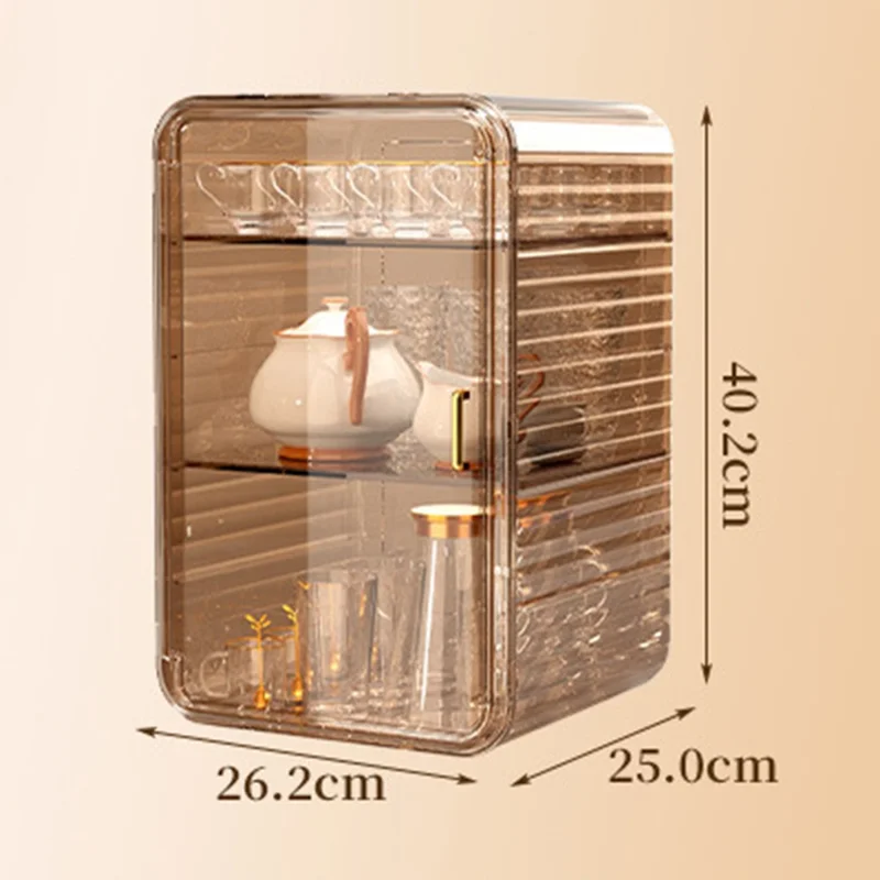 Coffee Mug Cup Table Organizer Three Layer Dustproof Storage Box, Size L - Transparent