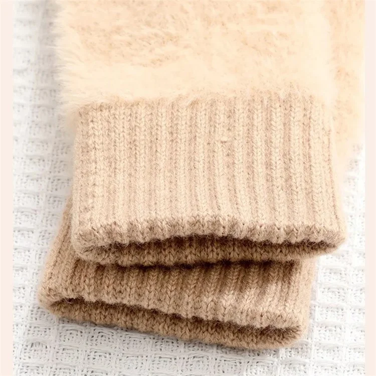 1 Pair Women's Half Finger Gloves Soft Fluff Winter Hand Warmer Touch Screen Function - Beige